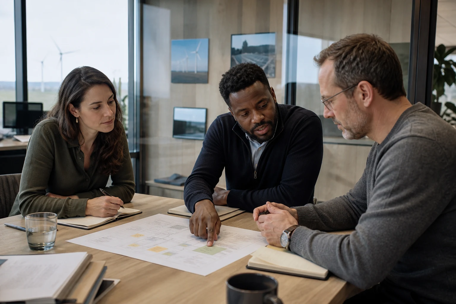 Remova Tech advisers reviewing a renewable-energy operations workflow with clients