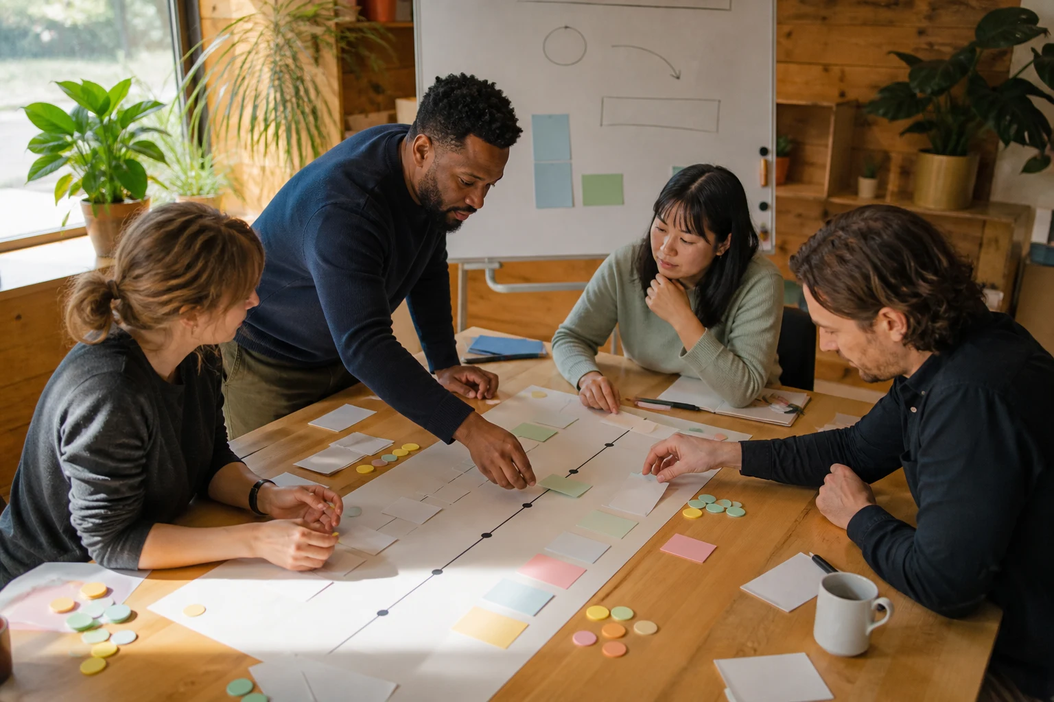 A cross-functional renewable-energy team mapping a practical workflow
