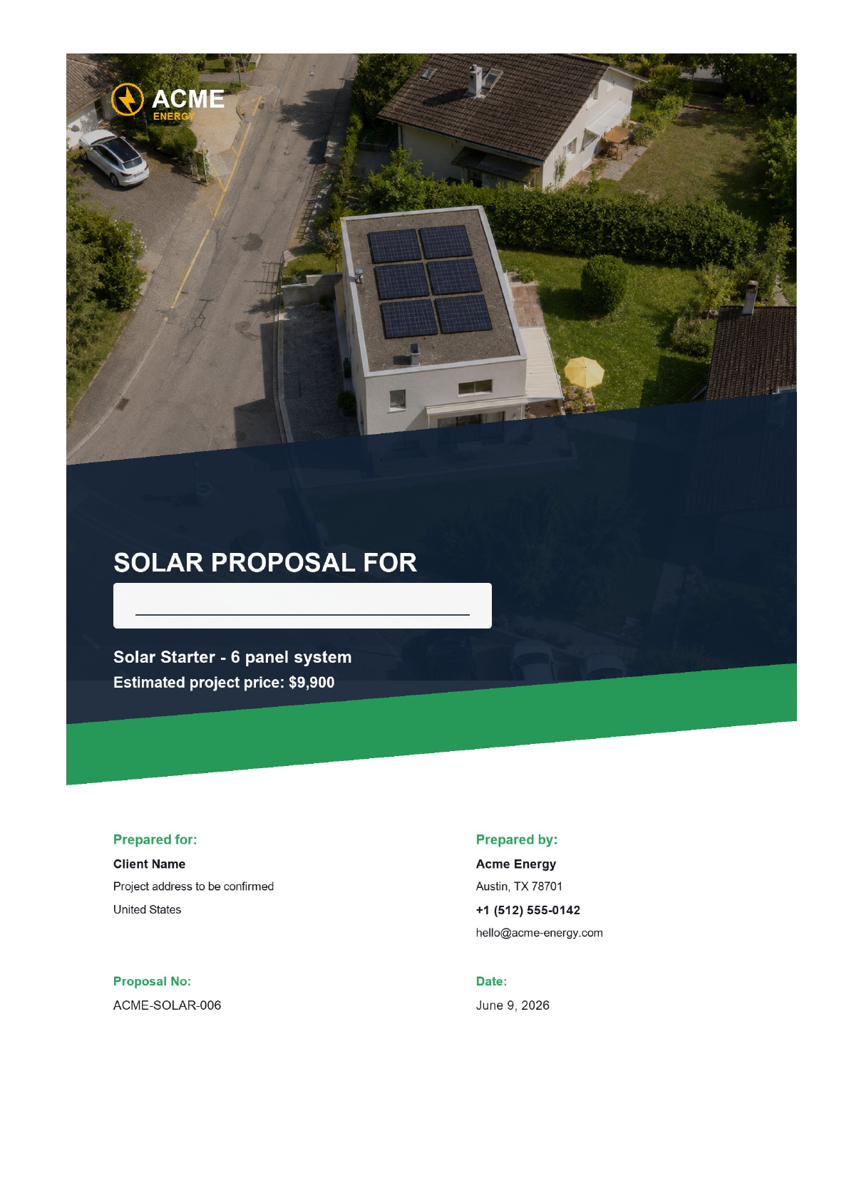 Sample solar proposal PDF preview with roof visuals and system information