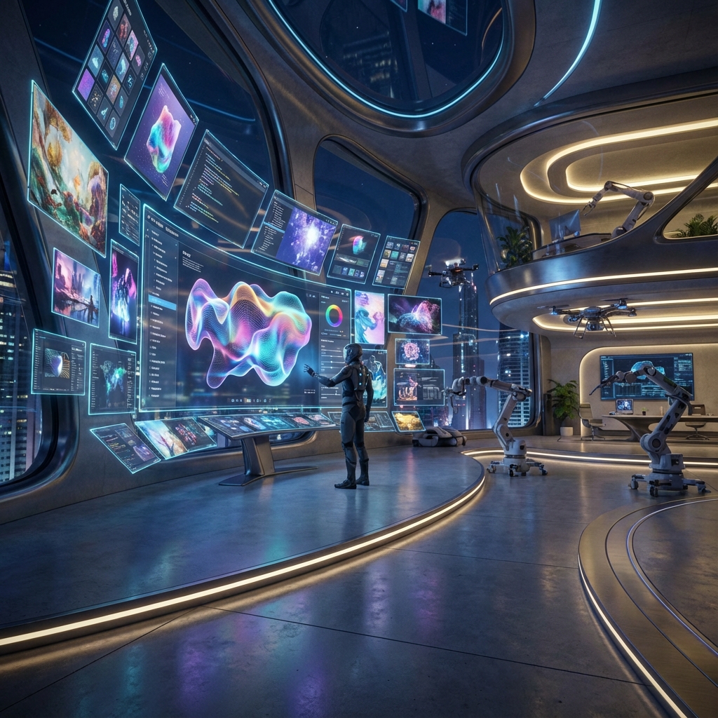 Creative studio scene representing practical human and AI collaboration