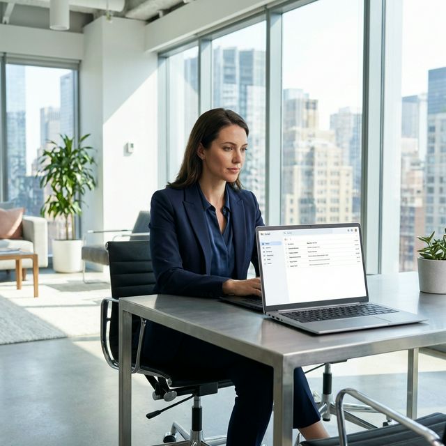 Business leader reviewing a technology enquiry at a desk
