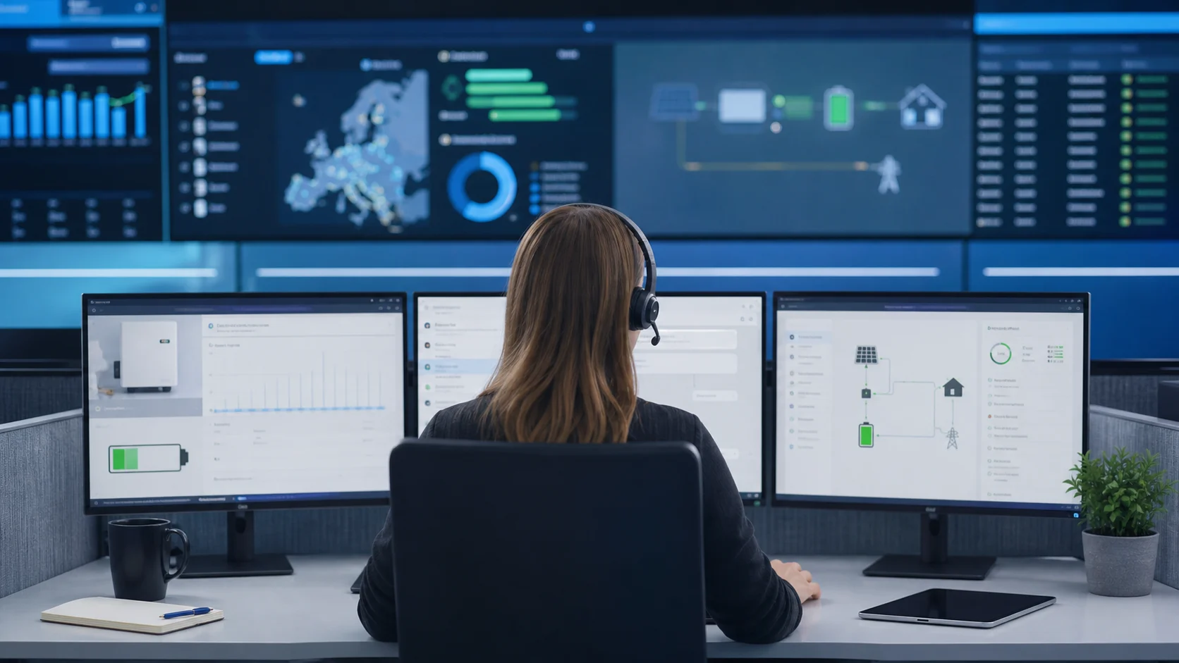 Renewable-energy support workstation monitoring solar inverter, battery, energy flow, and assisted customer conversations