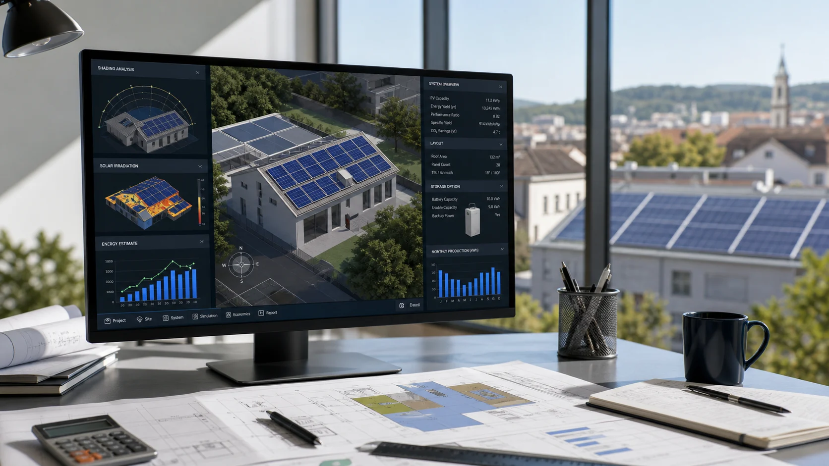 AI-assisted solar engineering workstation showing rooftop modelling, shading, panel placement, and energy estimates