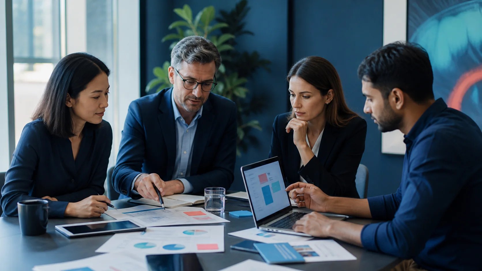 Consulting team comparing research notes and an AI-assisted draft around a table
