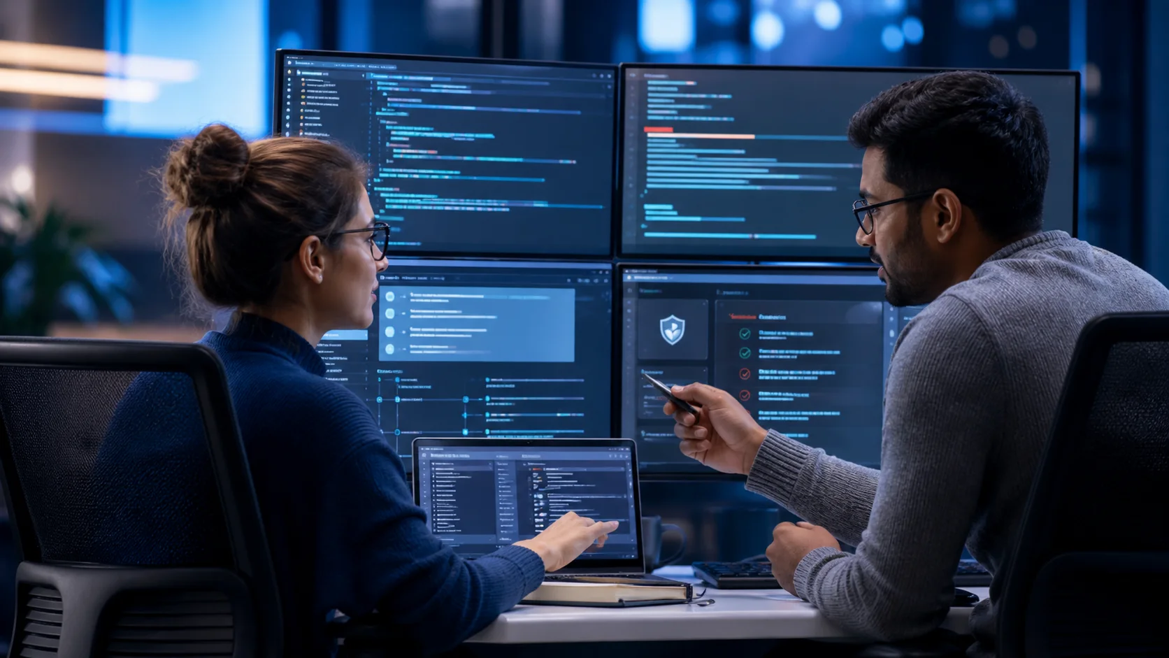 Developer and reviewer discussing an assisted code change with tests and security checks visible