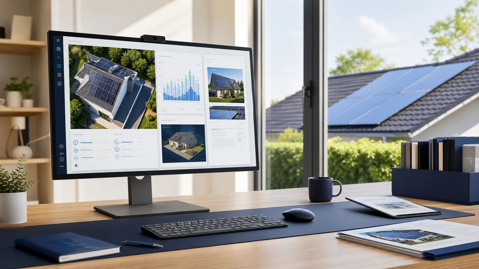 Solar proposal workstation showing rooftop design, production analysis, and customer proposal pages