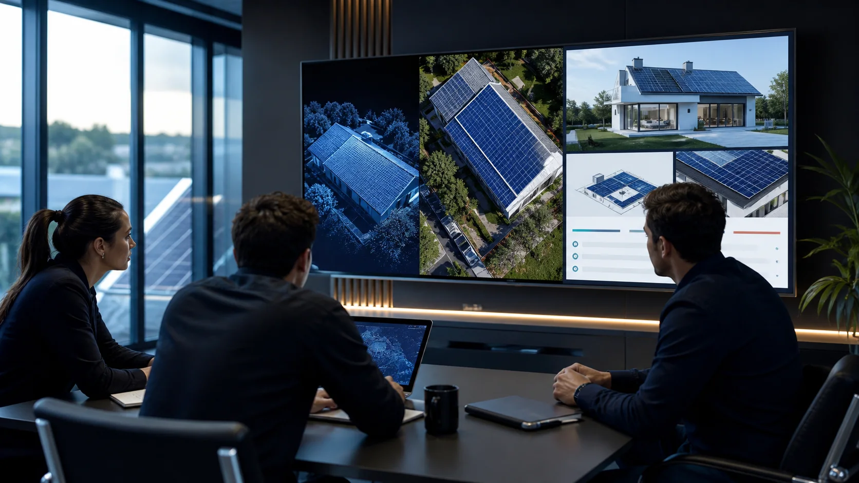 Solar operations team reviewing roof data and a proposal preview on a large screen