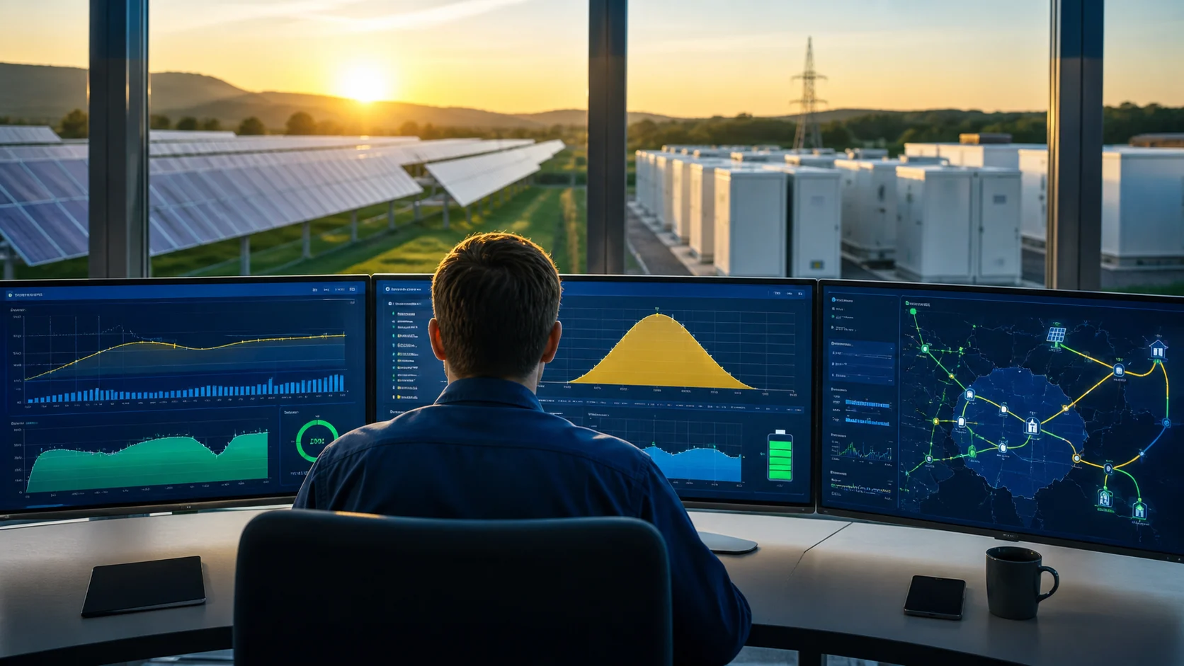 Renewable-energy control room showing solar generation forecasts, battery charging, and distributed power flow