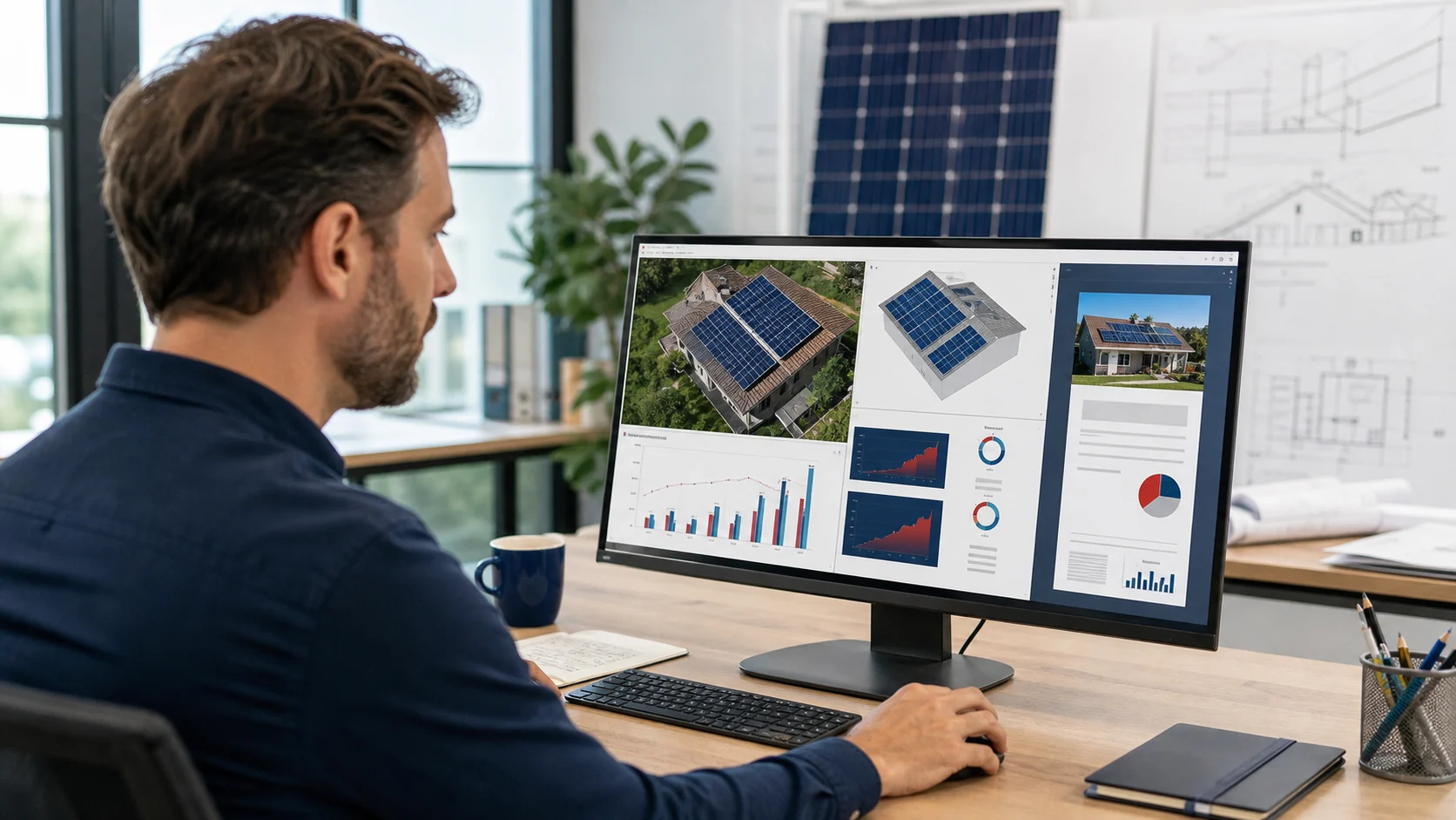Solar specialist using an AI application to analyse a roof, calculate scenarios, and prepare an offer