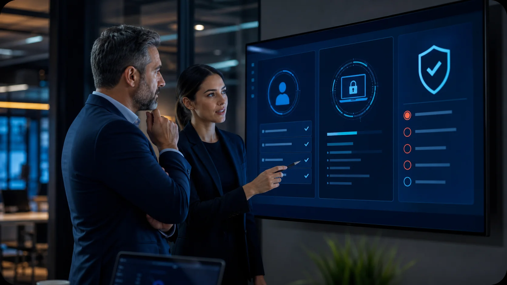 Cybersecurity adviser and business owner reviewing account access and protection