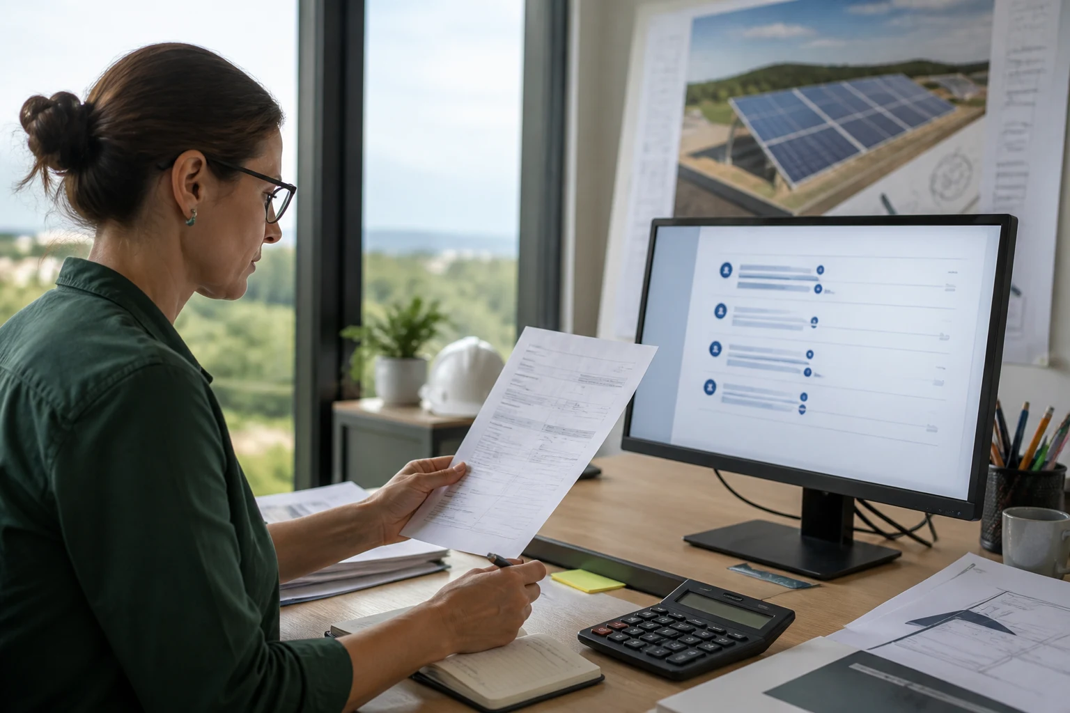 Procurement specialist comparing a paper invoice with a digital approval queue