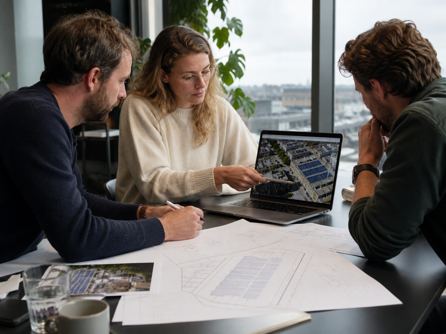Amsterdam renewable-energy professionals reviewing distributed project data and plans