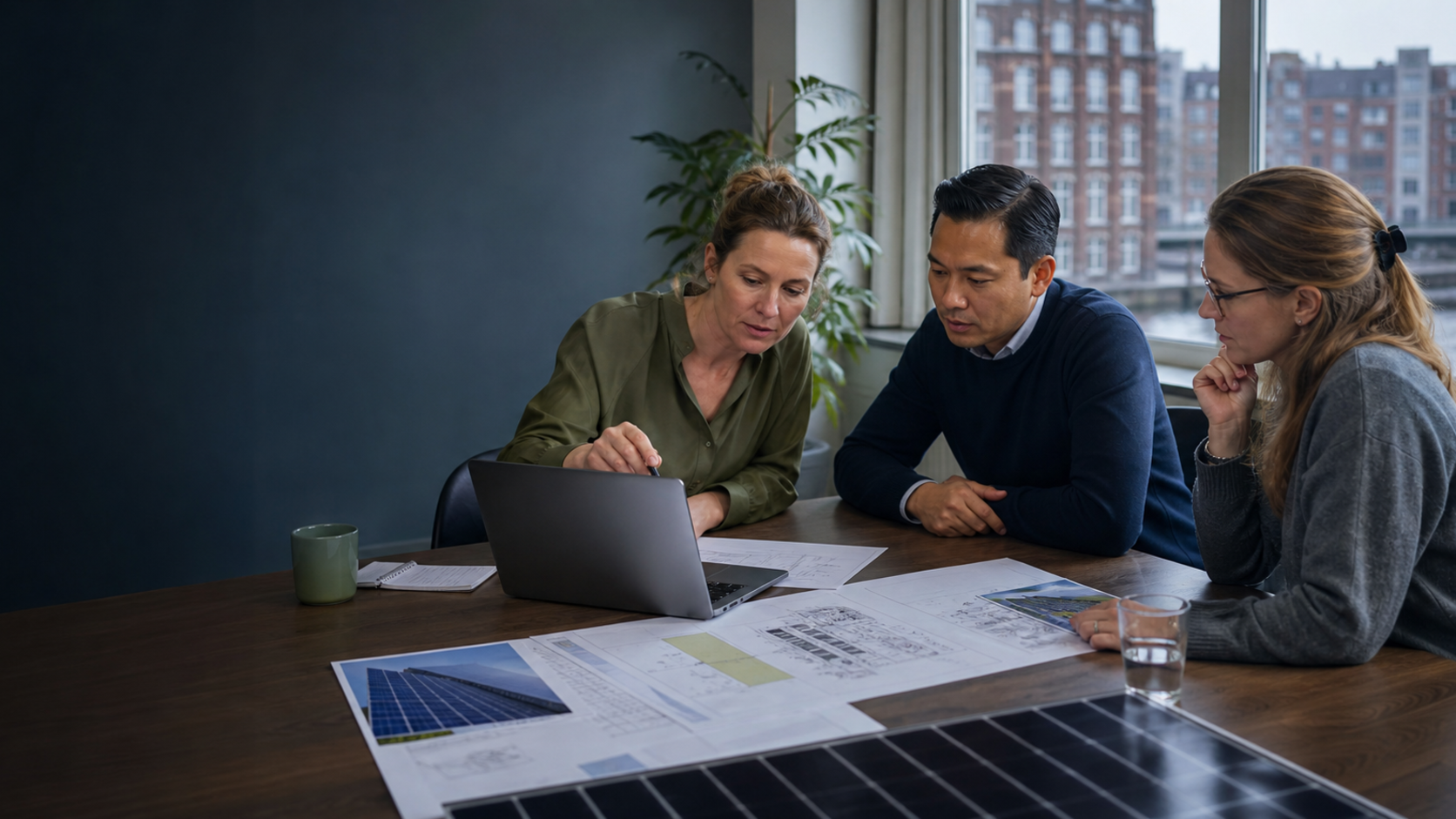 Amsterdam renewable-energy professionals reviewing distributed project plans