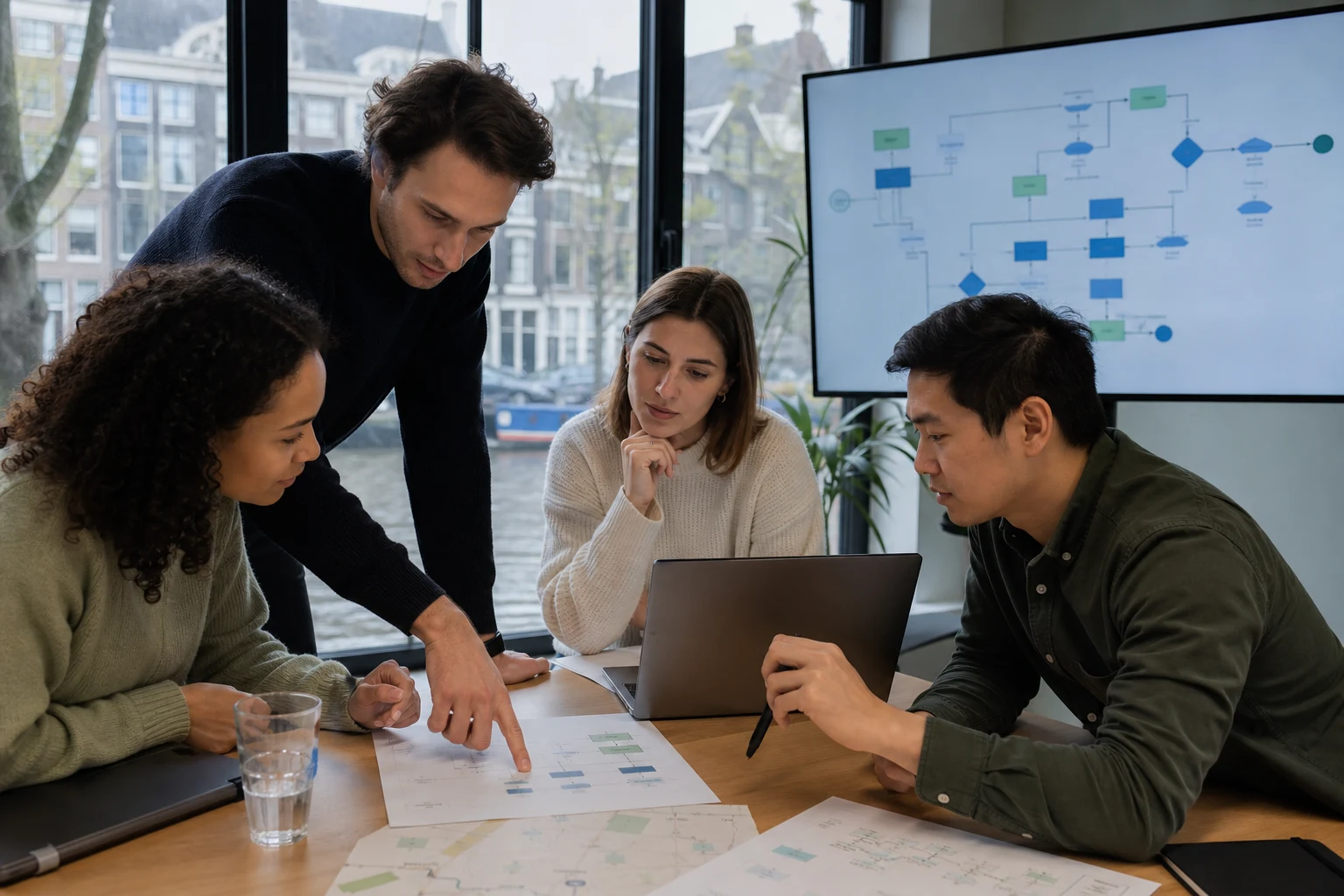 Amsterdam operations team reviewing an AI workflow map beside a canal-side office
