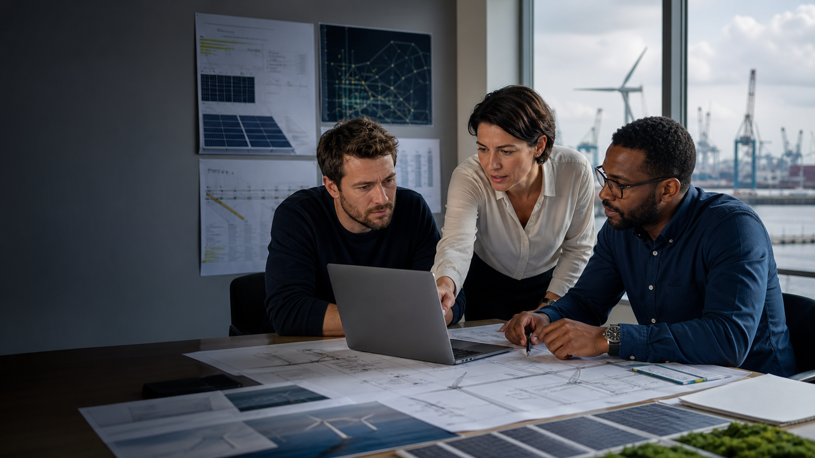 Antwerp renewable-energy professionals reviewing an industrial and offshore-wind project