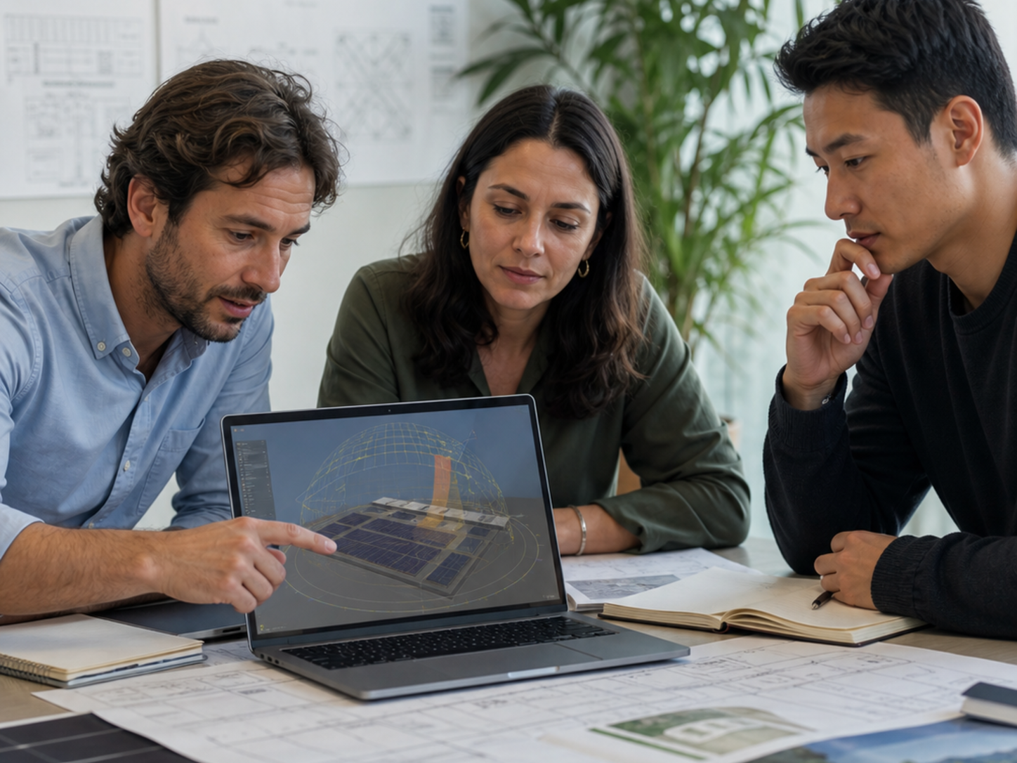 Athens engineers reviewing sun position, wind, and yield assumptions