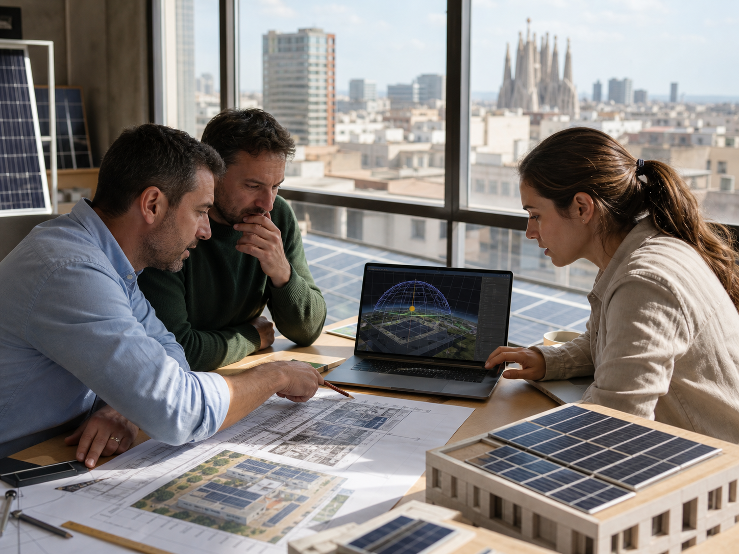 Barcelona engineers reviewing sun position, rooftop shading, and self-consumption assumptions