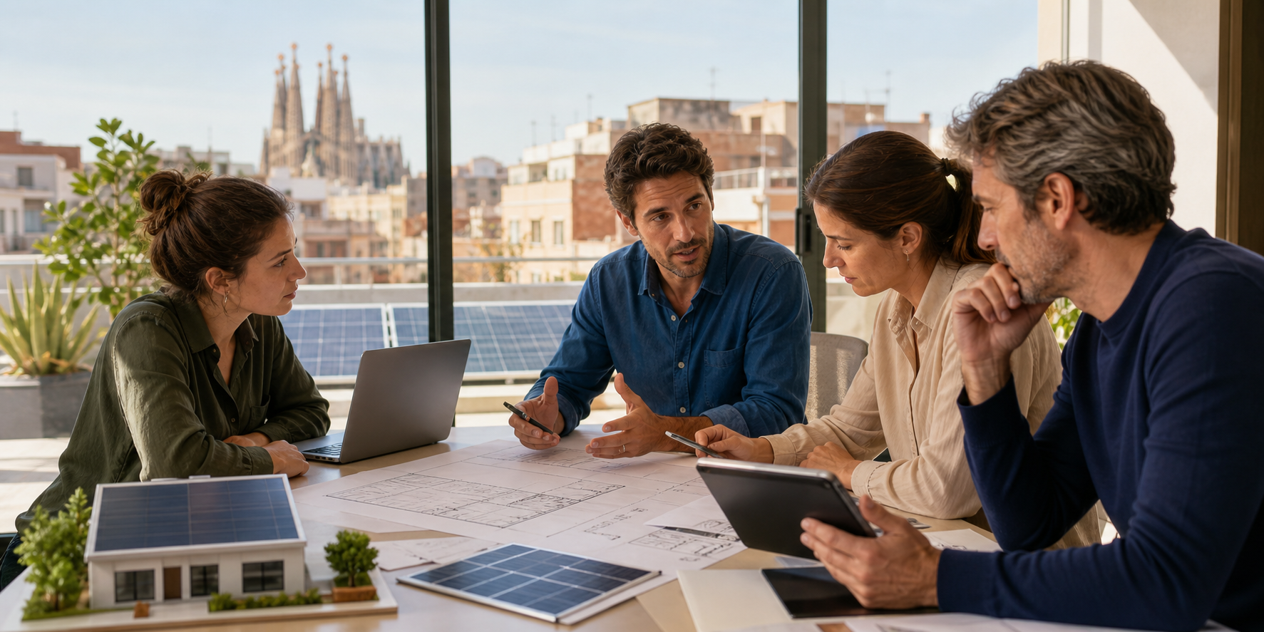 Barcelona renewable-energy project team connecting Catalan customer and supplier work