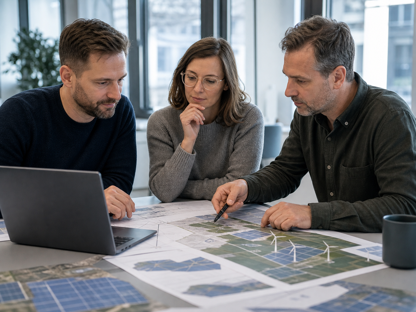Berlin renewable-energy professionals reviewing site data and yield scenarios