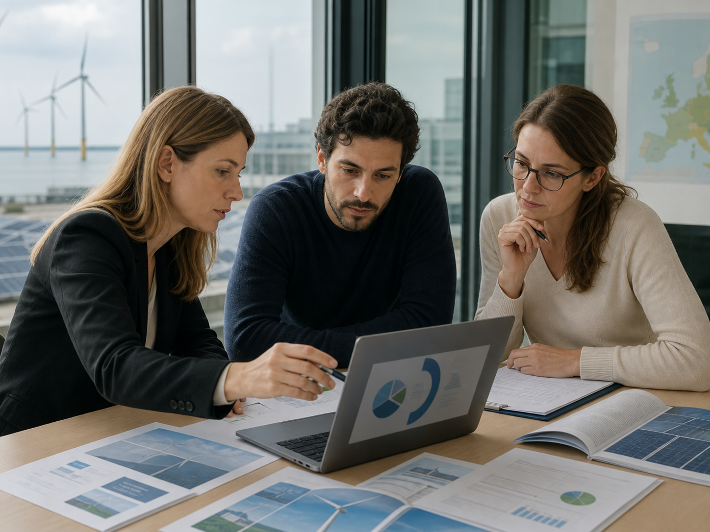 Brussels renewable-energy engineers reviewing offshore-wind and solar assumptions