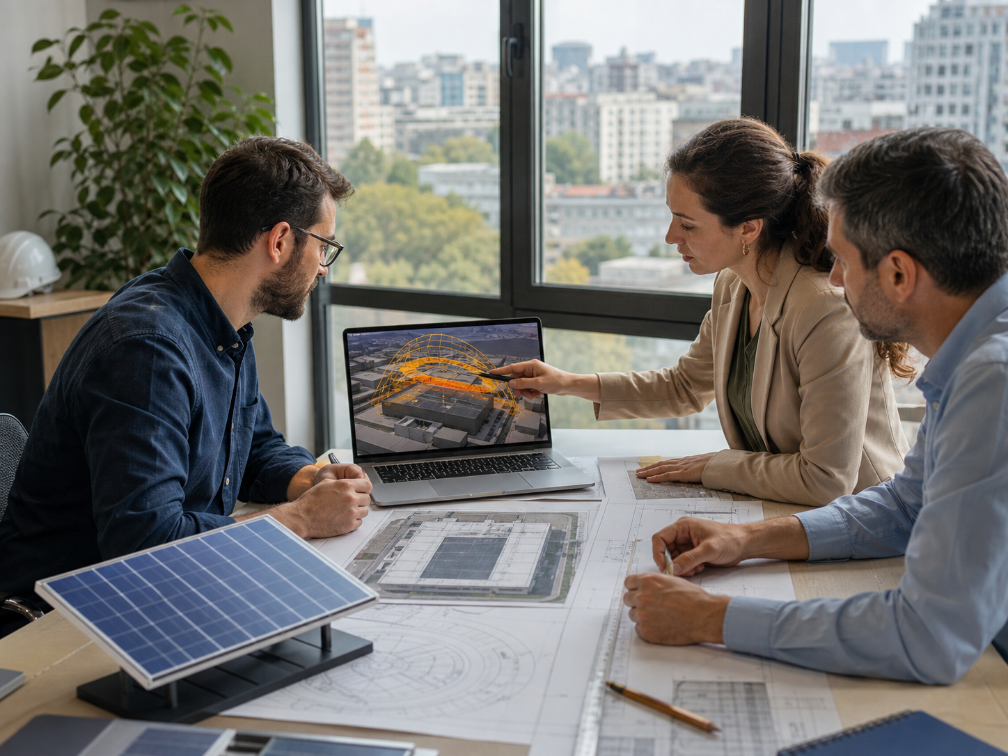 Bucharest engineers reviewing sun position, shading, and solar yield assumptions