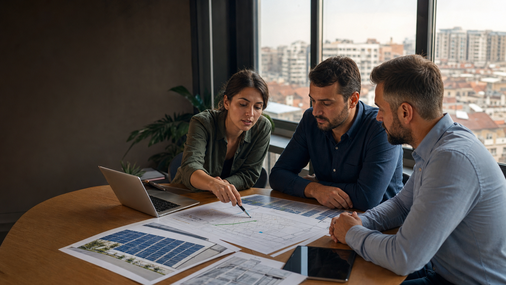 Bucharest renewable-energy professionals reviewing a commercial solar and grid project