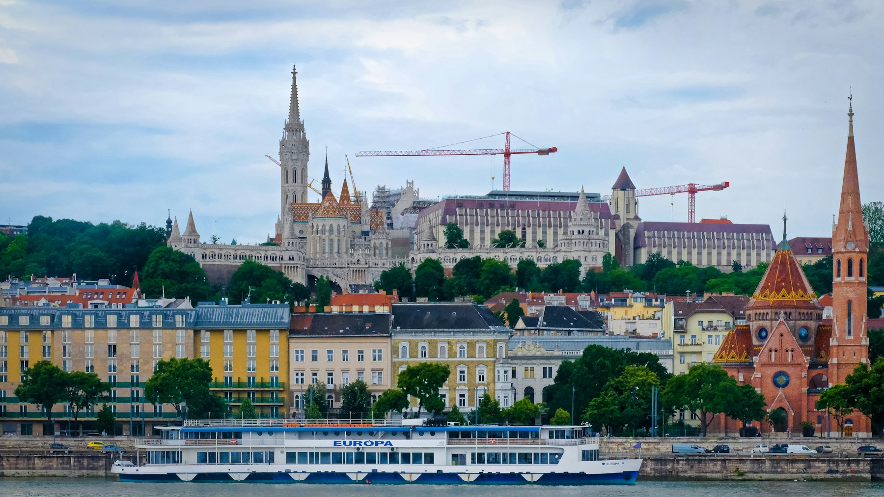 Budapest riverfront and parliament district photographed across the Danube
