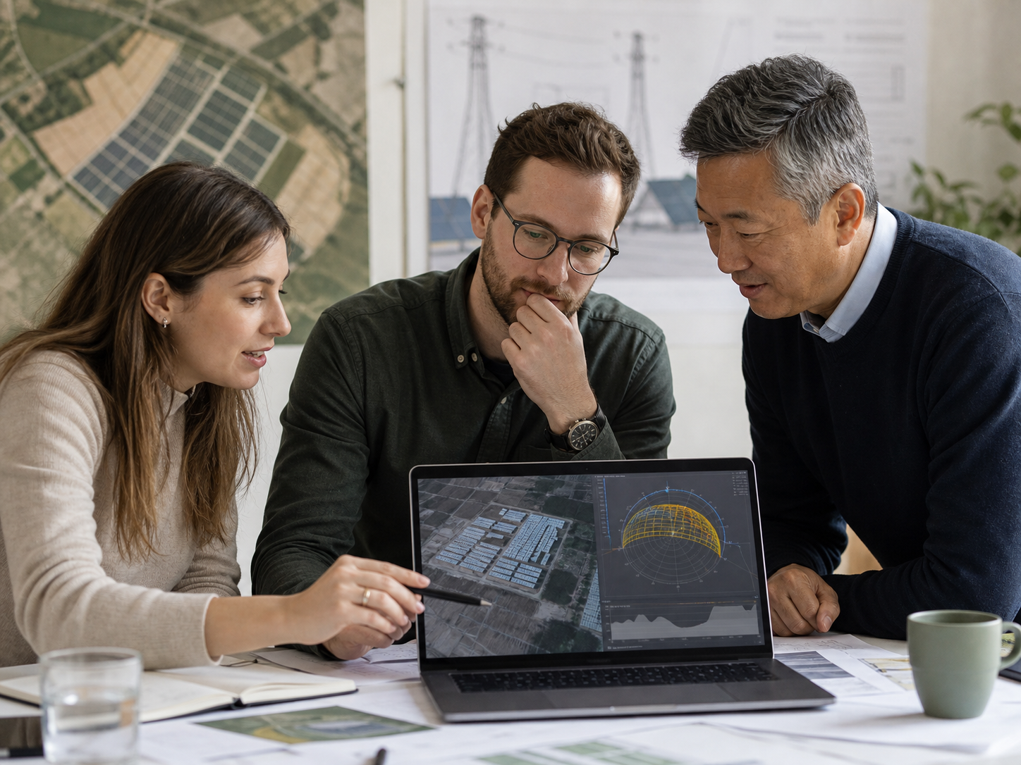 Budapest engineers reviewing sun position, storage, and yield assumptions