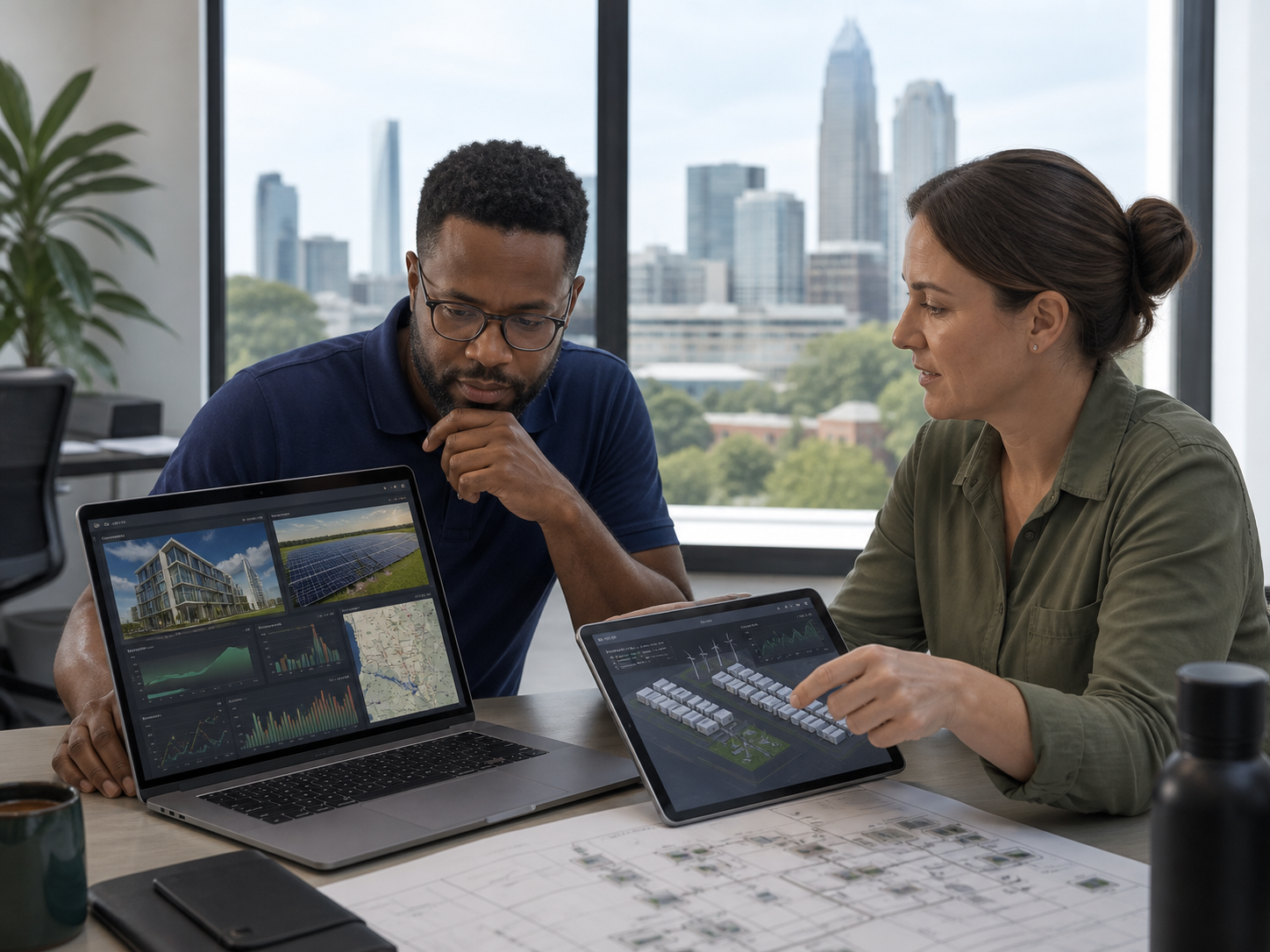 Charlotte engineers reviewing sun position, building load, and EV assumptions