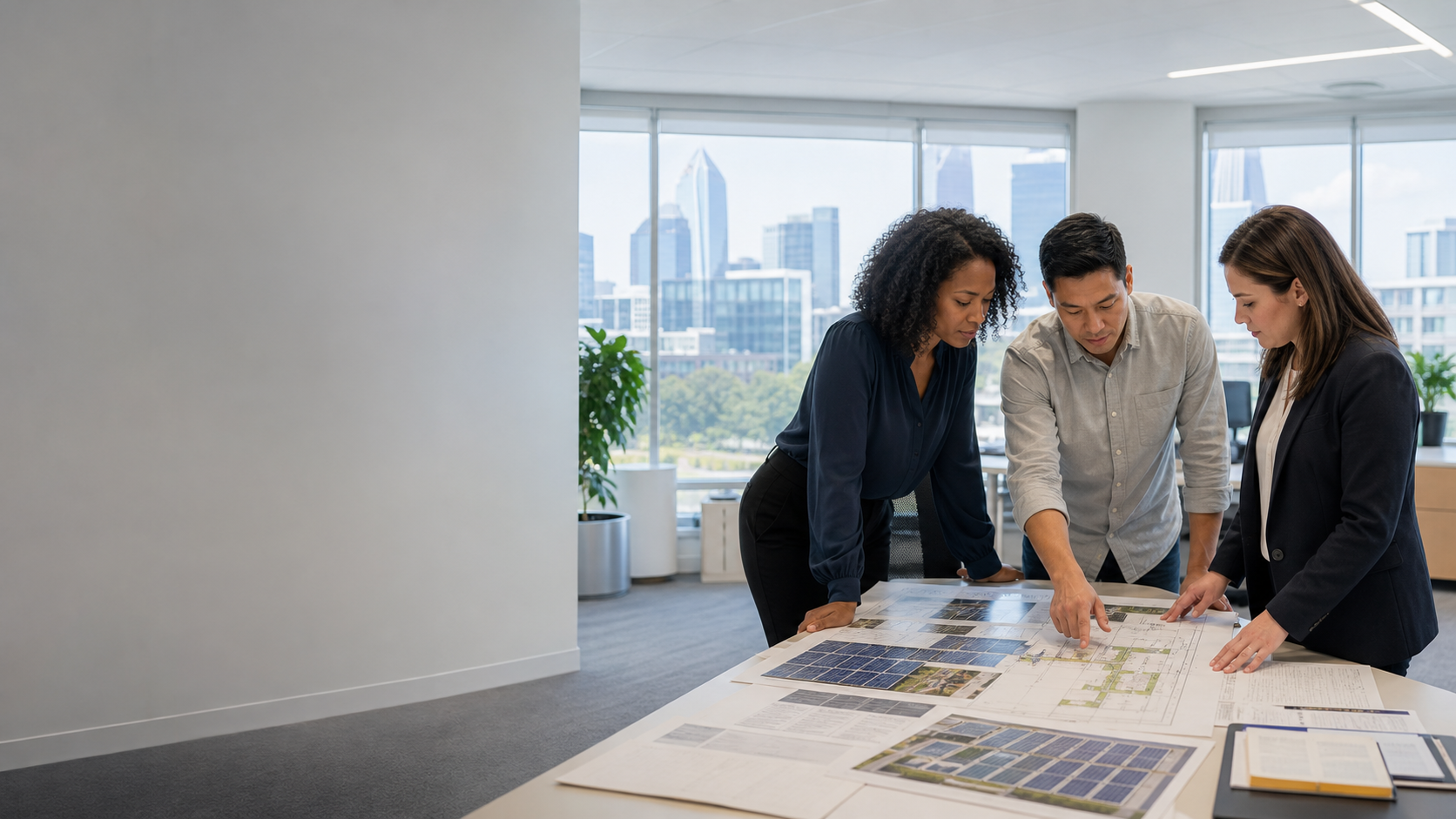 Charlotte renewable-energy professionals reviewing a commercial building and distributed solar project