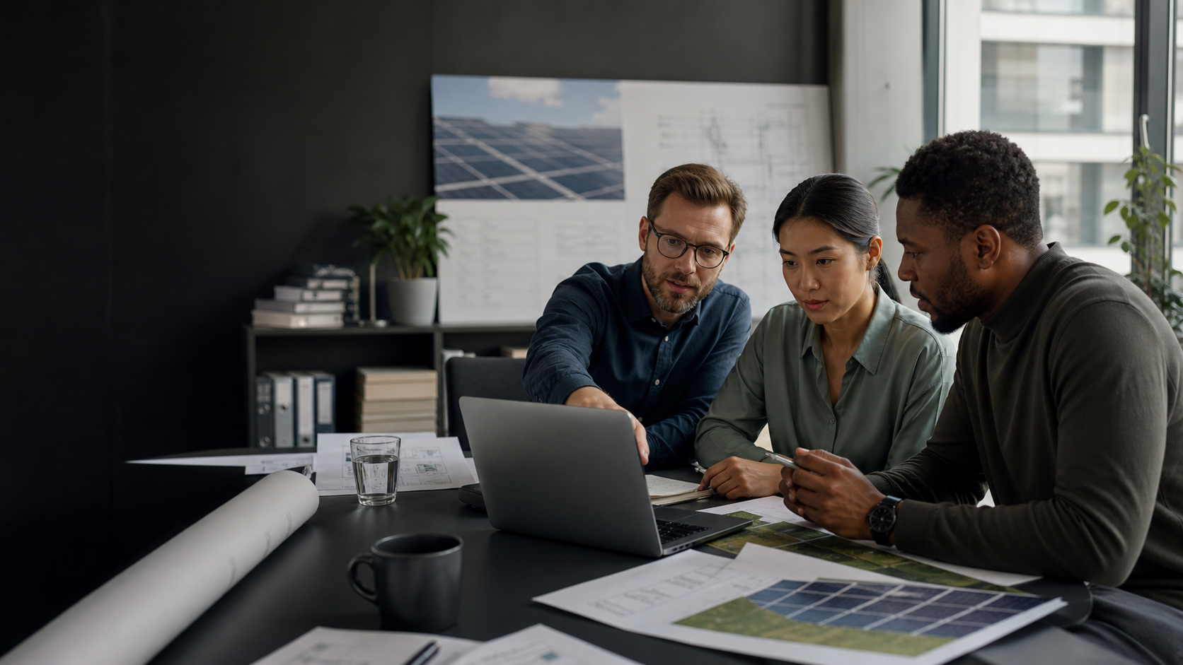 Cologne renewable-energy professionals reviewing a commercial solar project plan