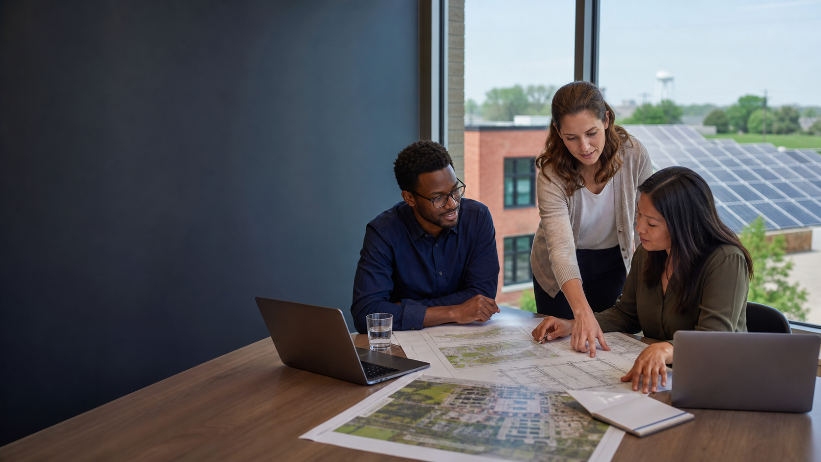 Columbus renewable-energy professionals reviewing a commercial building and community-solar project