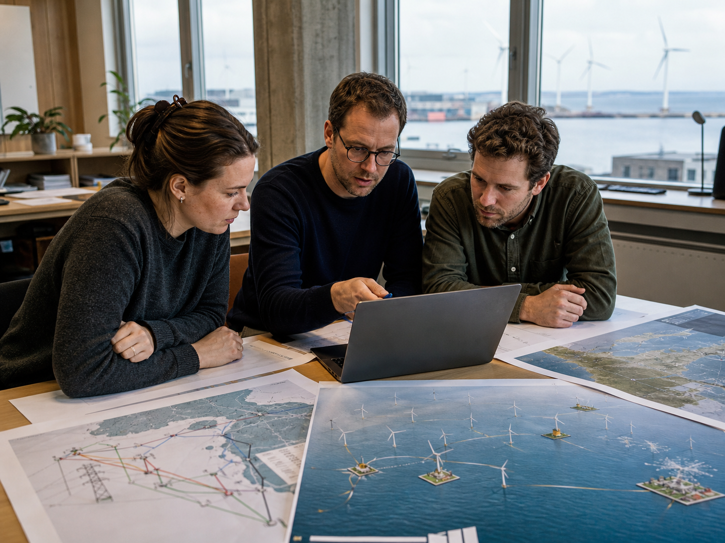 Copenhagen renewable-energy engineers reviewing offshore-wind and grid assumptions