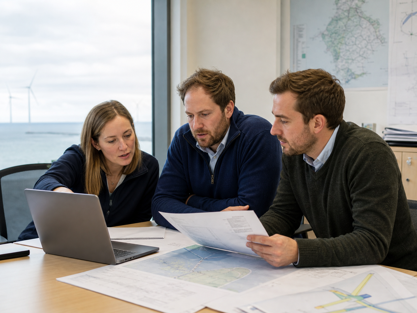 Dublin renewable-energy engineers reviewing wind and solar project assumptions