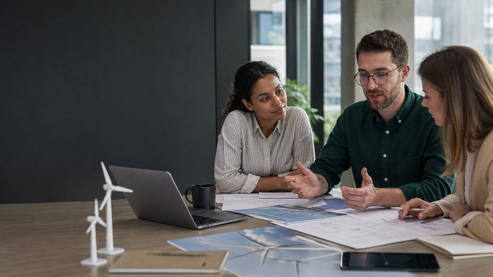 Dublin renewable-energy professionals reviewing a wind and grid project plan