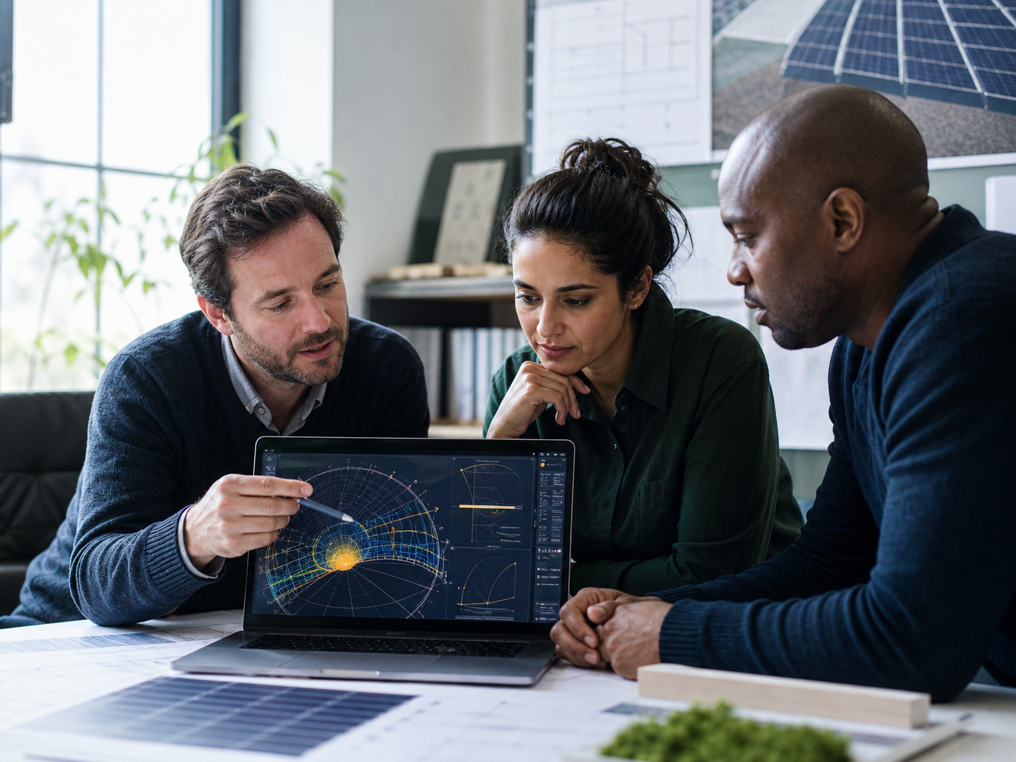 Edinburgh engineers reviewing sun position, demand, and heat-network assumptions