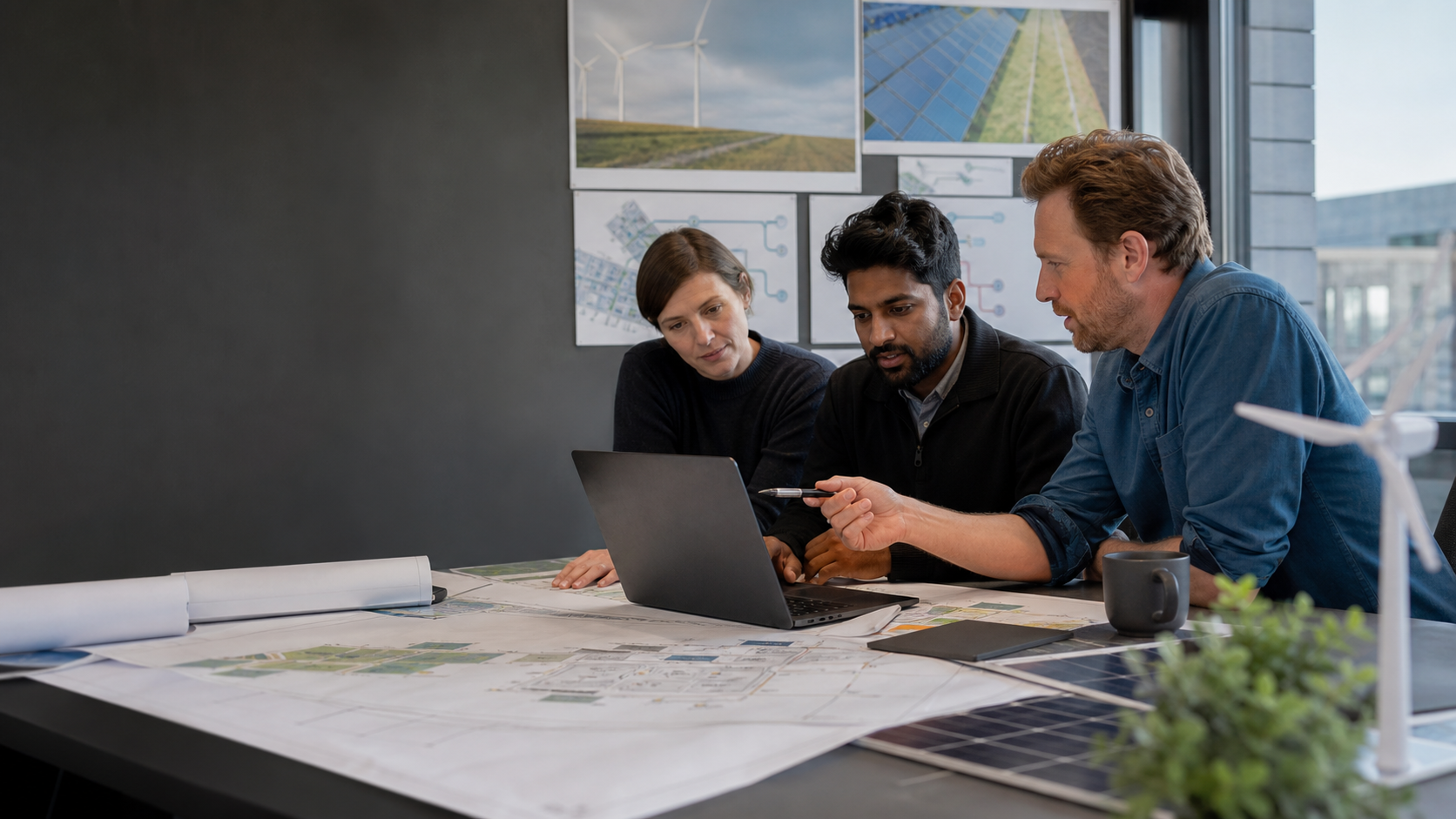 Edinburgh renewable-energy professionals reviewing a solar, heat, and grid project