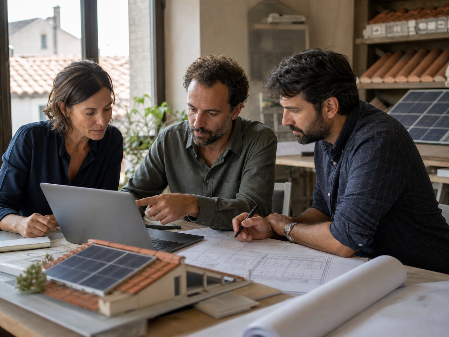 Florence engineers reviewing sun position, roof shading, and yield assumptions
