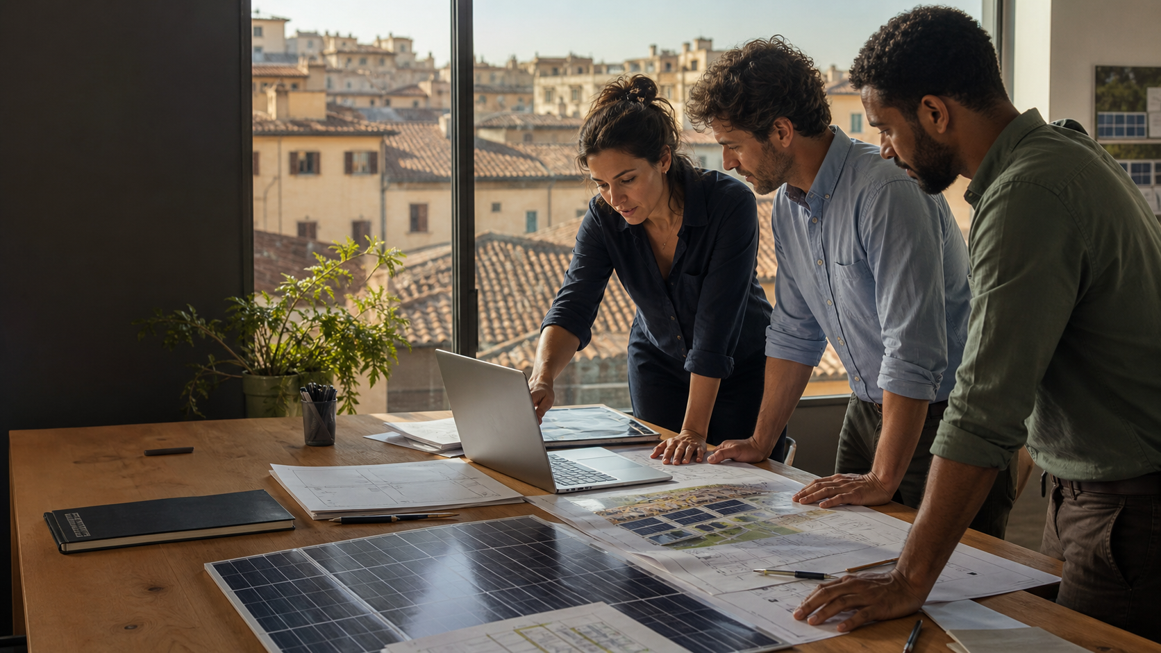 Florence renewable-energy professionals reviewing a rooftop and energy-community project