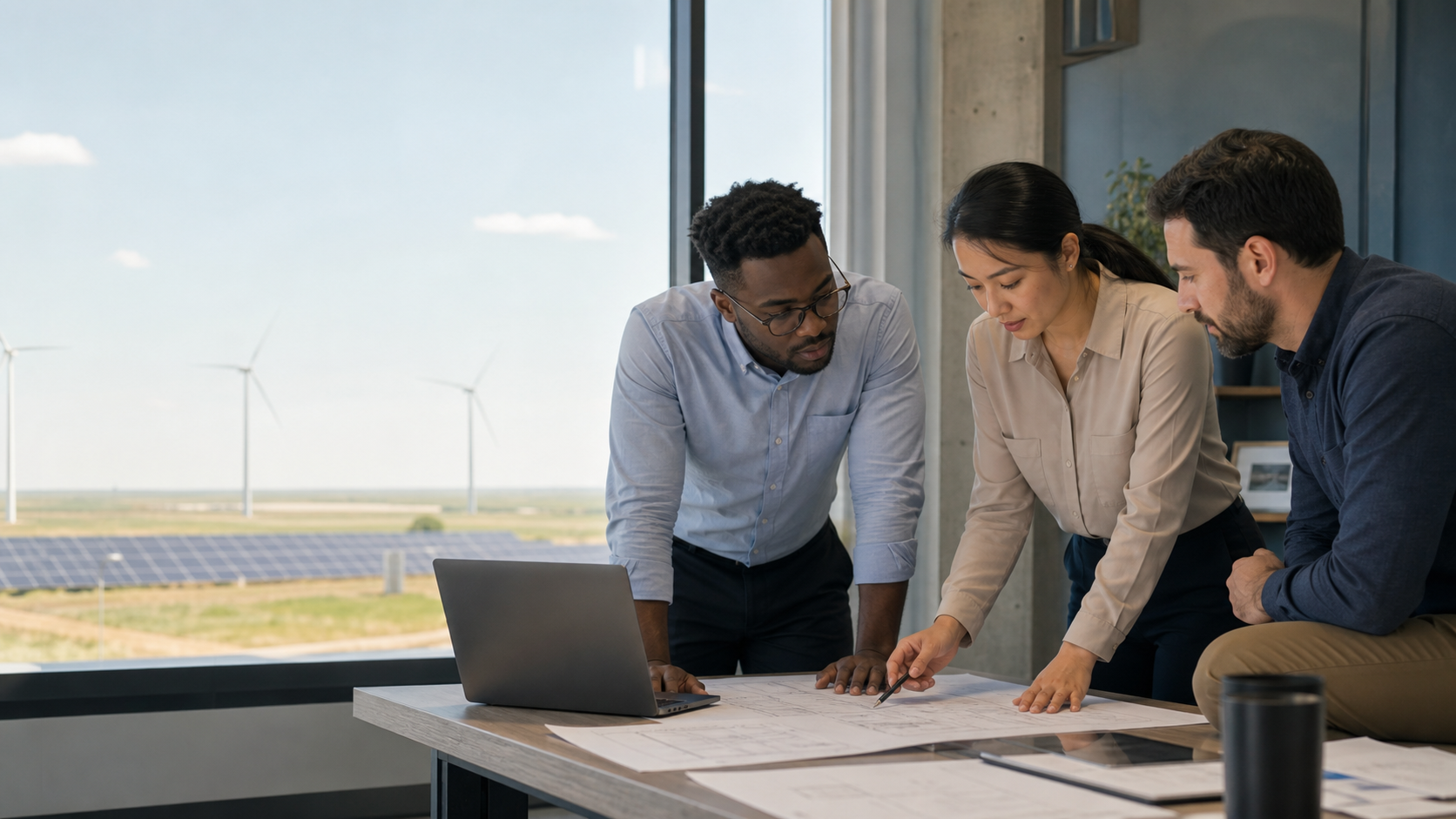 Fort Worth renewable-energy professionals reviewing a wind, solar, and building project