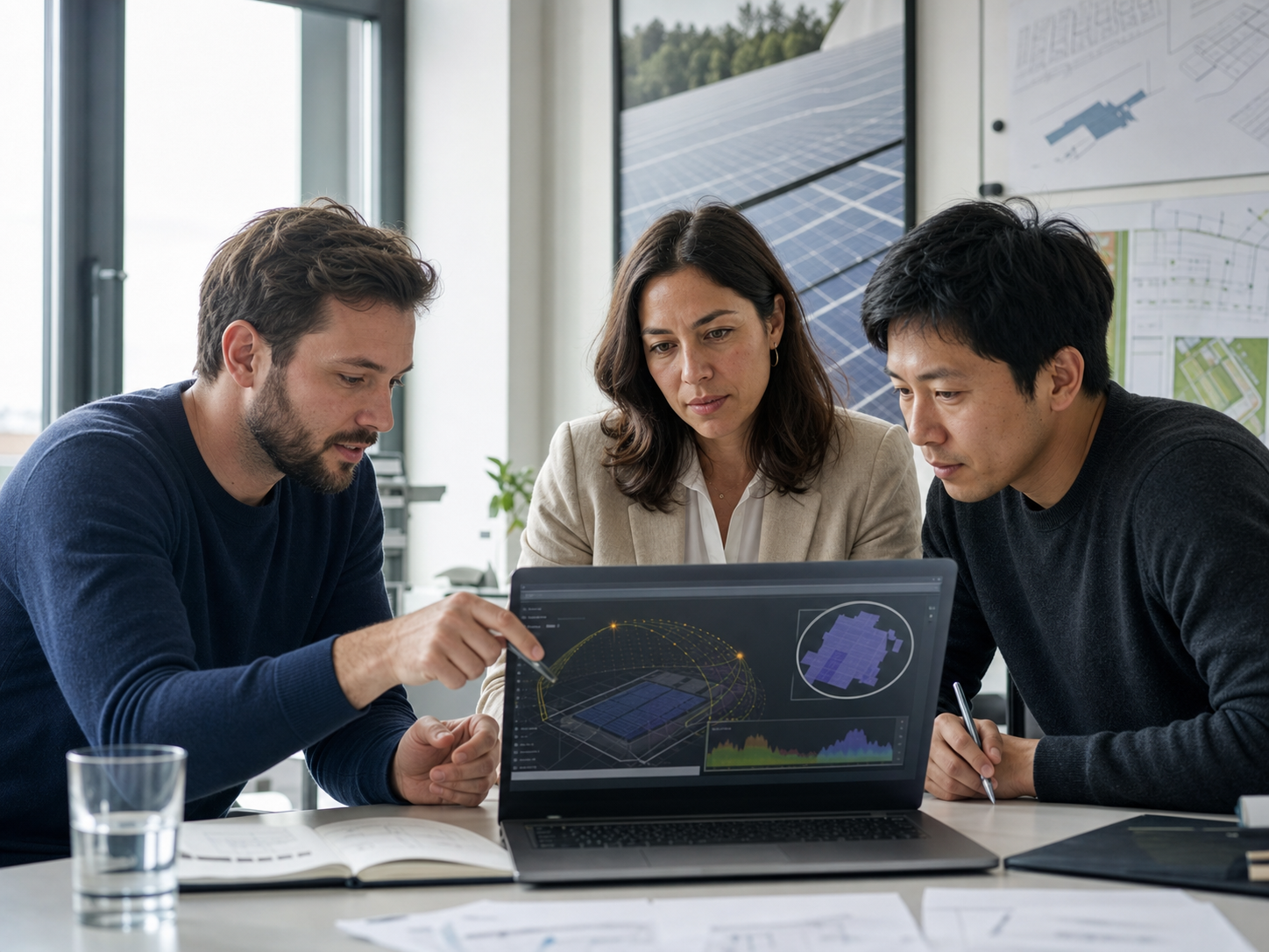 Frankfurt engineers reviewing solar position, yield, and storage assumptions