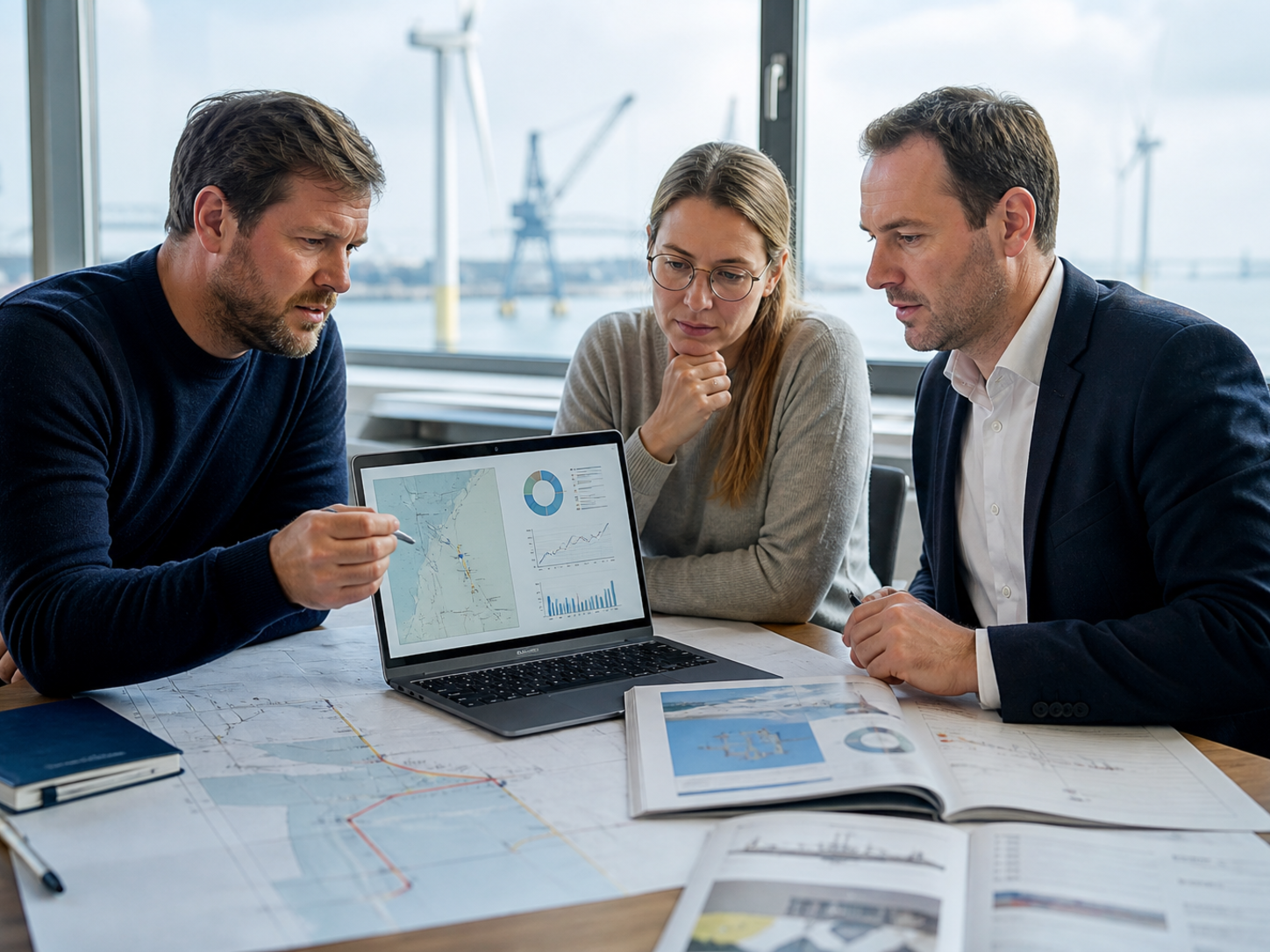 Hamburg renewable-energy engineers reviewing offshore-wind, cable, and grid assumptions