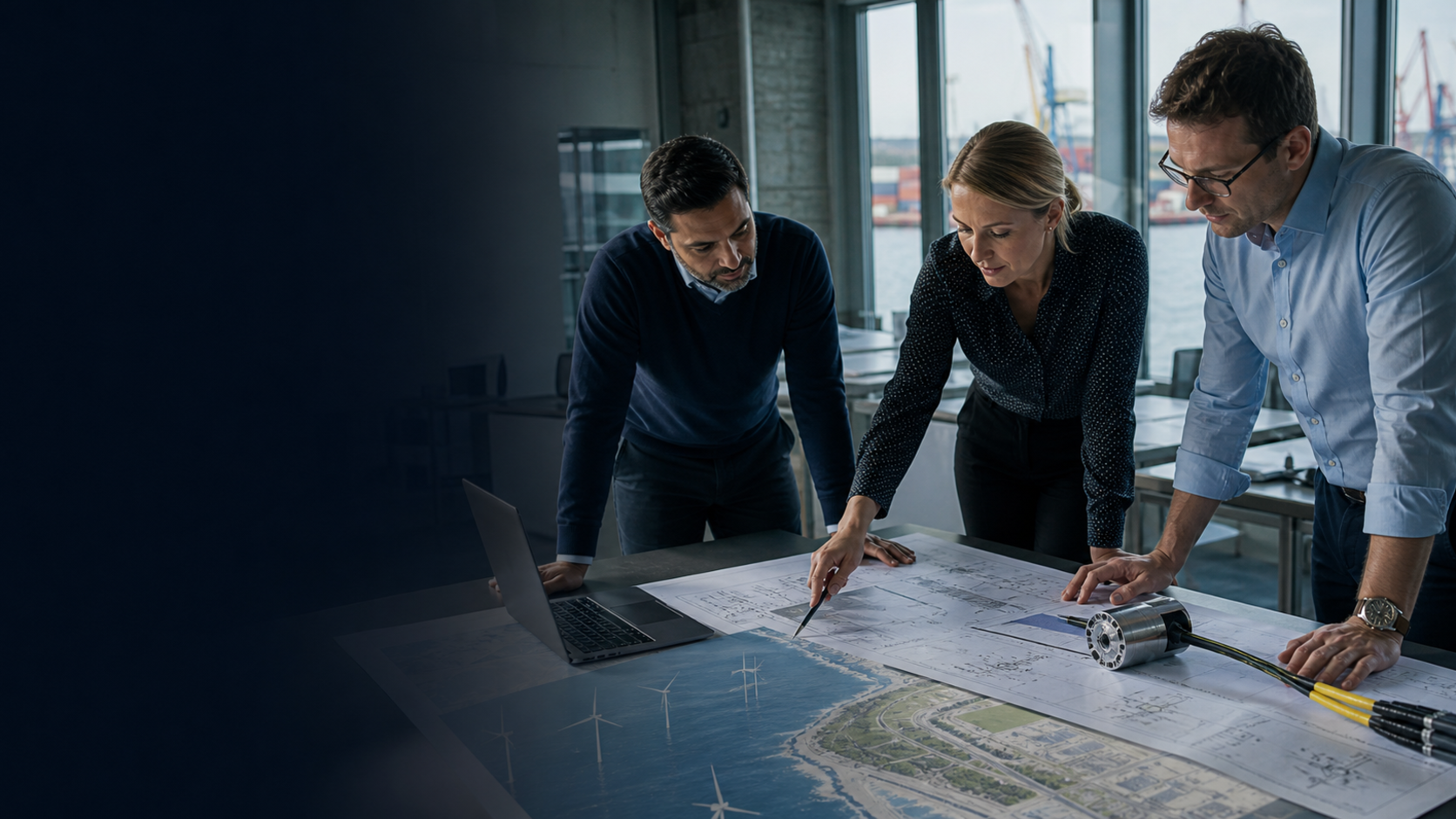 Hamburg renewable-energy professionals reviewing an offshore-wind and grid delivery plan
