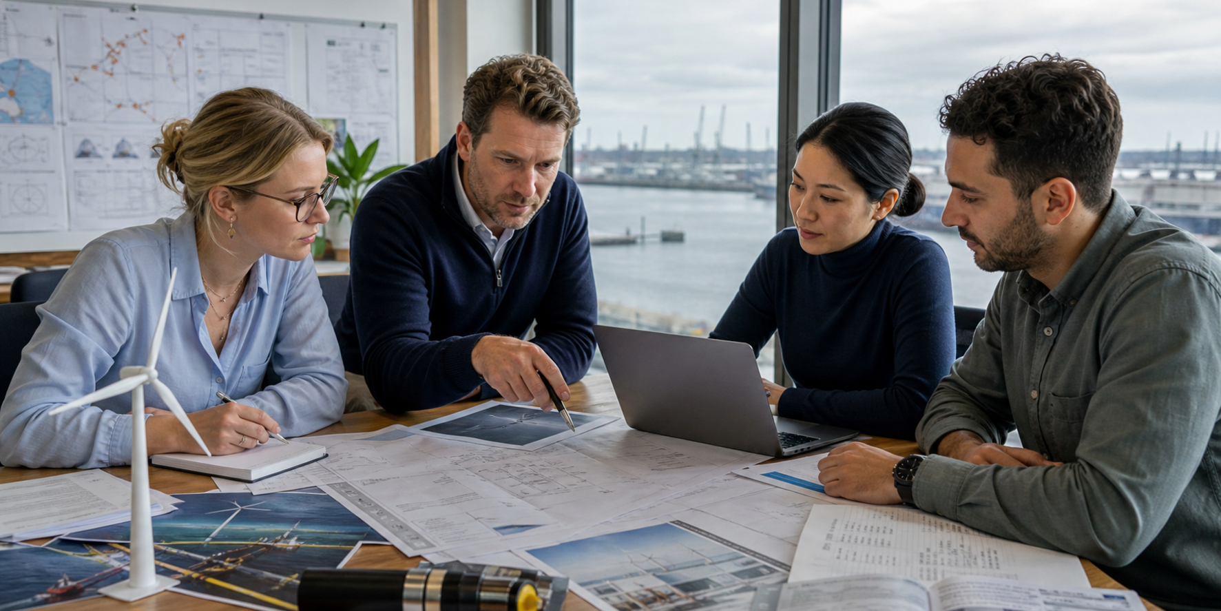 Hamburg renewable-energy project team connecting offshore-wind, supplier, and delivery work