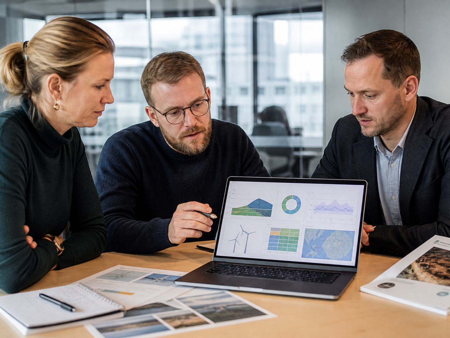 Helsinki renewable-energy engineers reviewing wind, hydro, solar, and bioenergy assumptions