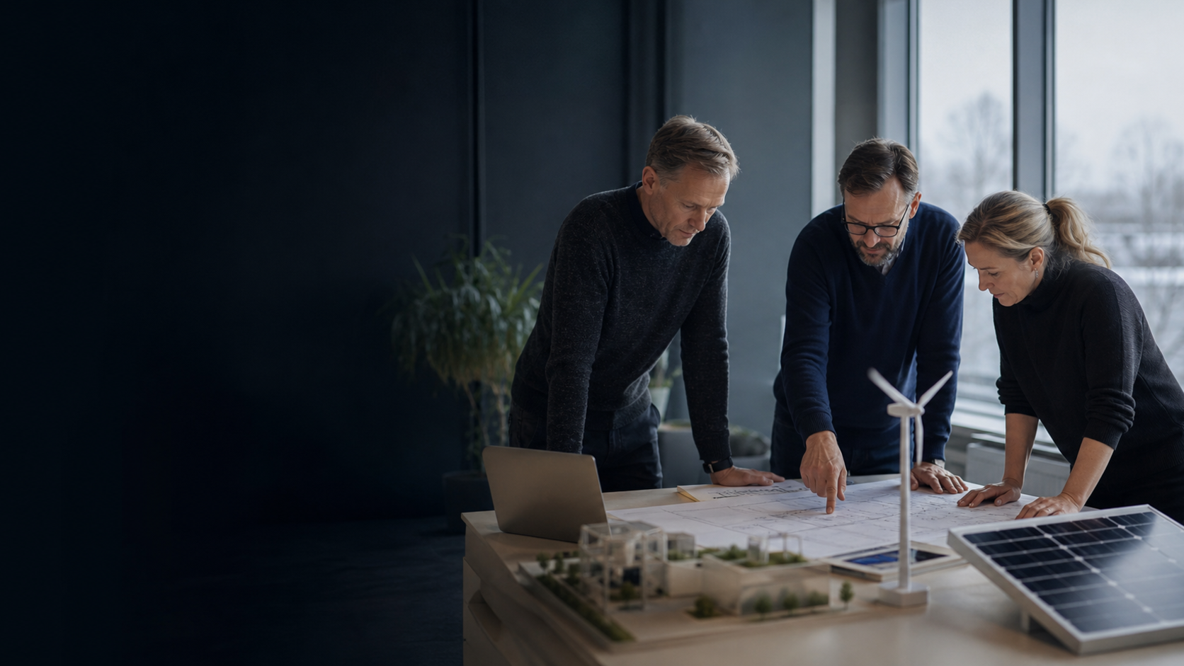 Helsinki renewable-energy professionals reviewing a Nordic wind and energy project plan