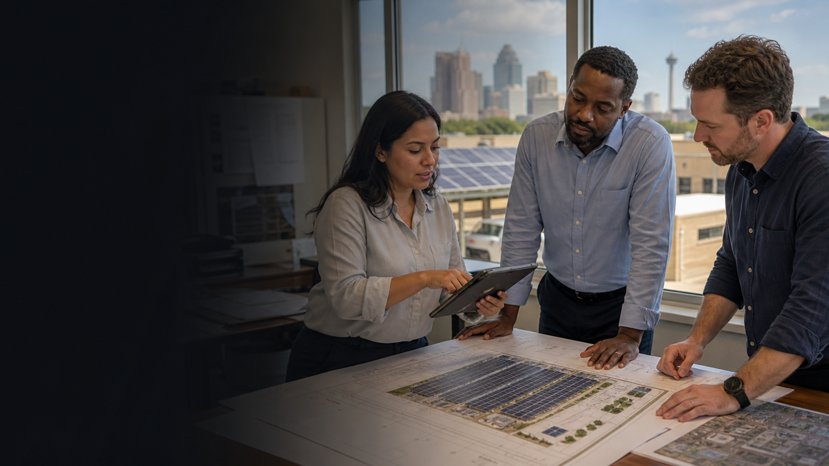 Houston renewable-energy professionals reviewing a solar storage and resilient power project