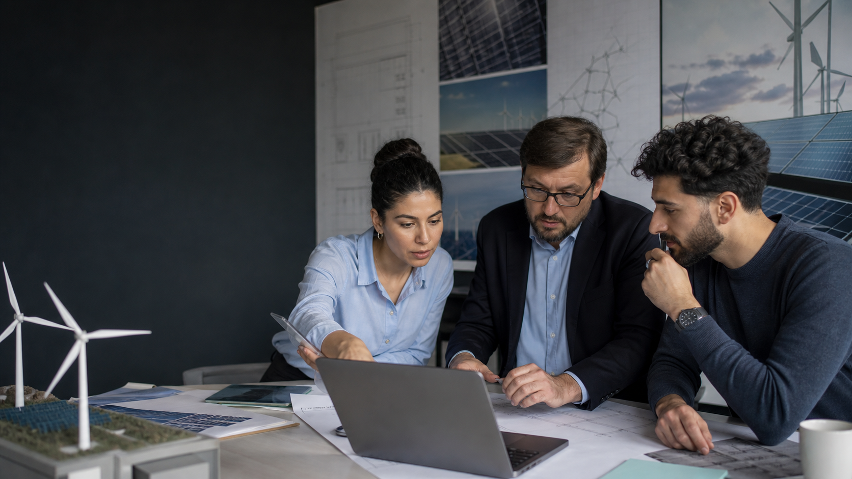 Istanbul renewable-energy professionals reviewing a solar, wind, and industrial energy project