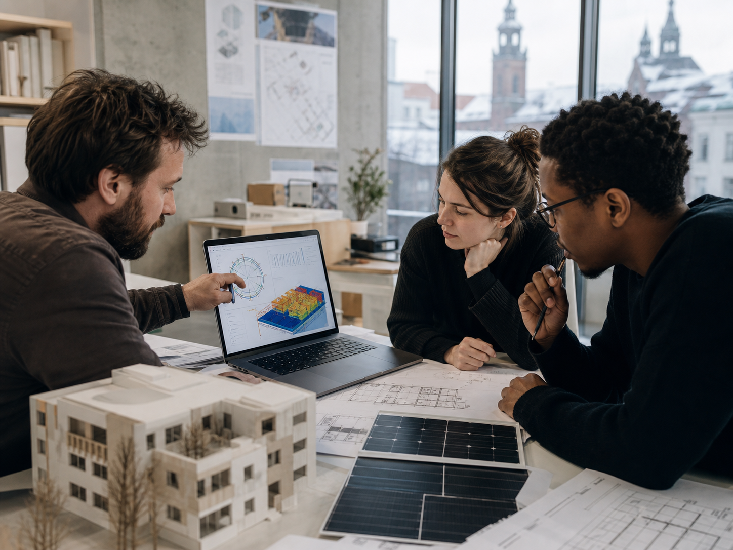 Krakow engineers reviewing seasonal sun position, roof shading, and energy assumptions