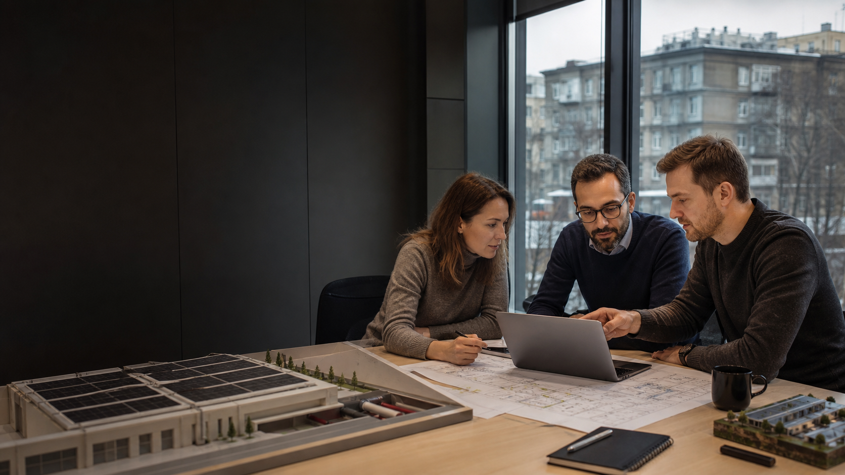 Krakow renewable-energy professionals reviewing a building and district-energy project